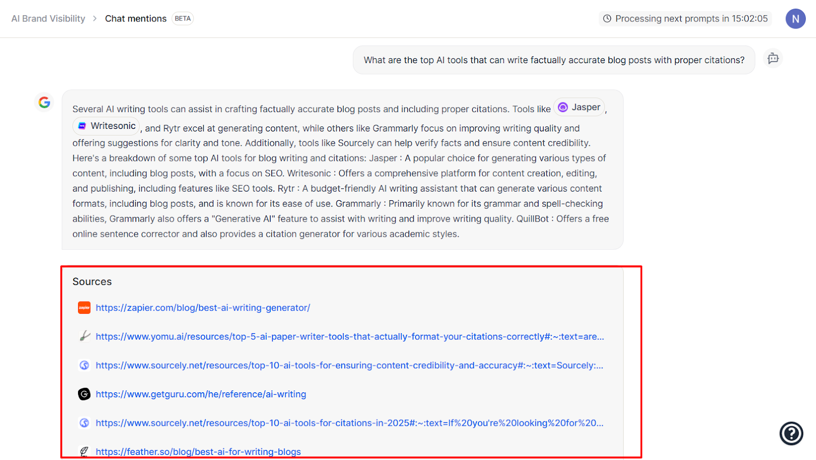 Identify internal sources from the links cited by the AI response