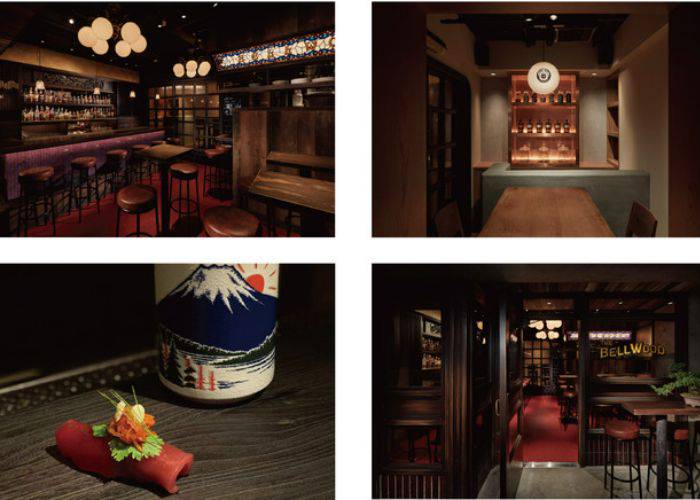 Four images of The Bellwood, showing off the interiors and dishes of the bar.