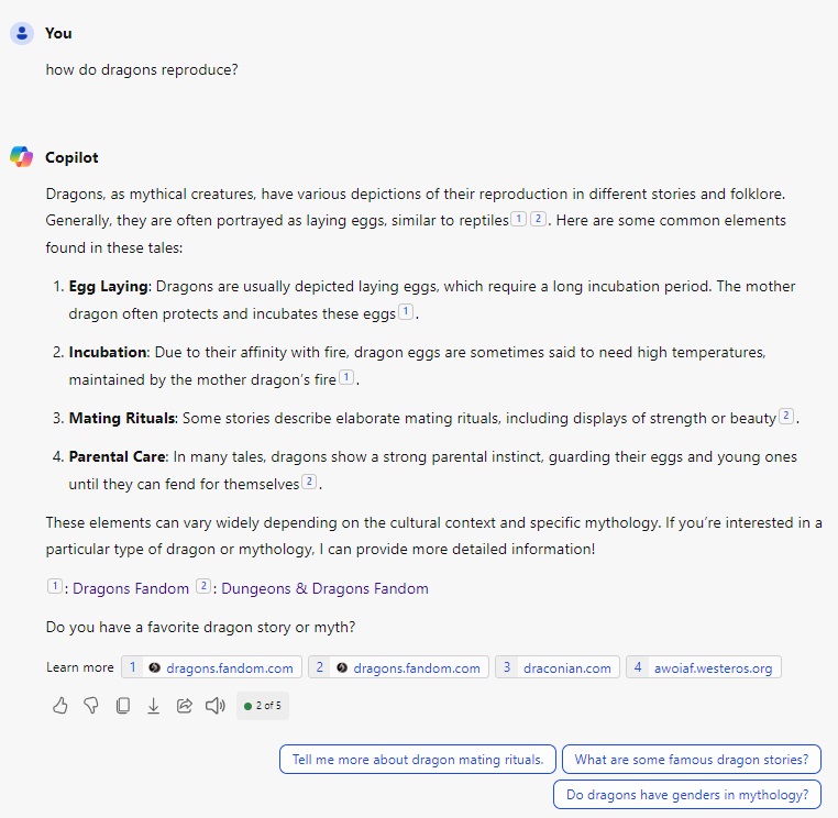 Figure 11: The result for “how do dragons reproduce” on Microsoft Copilot.