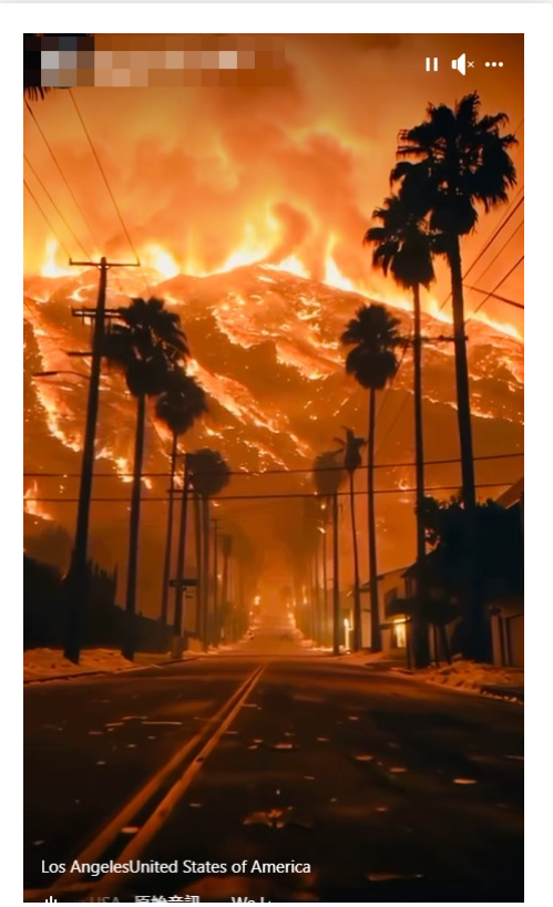 This is a screenshot of an AI-generated video showing the mountain was on fire. Although the wildfires ravaged Los Angeles, this video did not show the actual scene.  