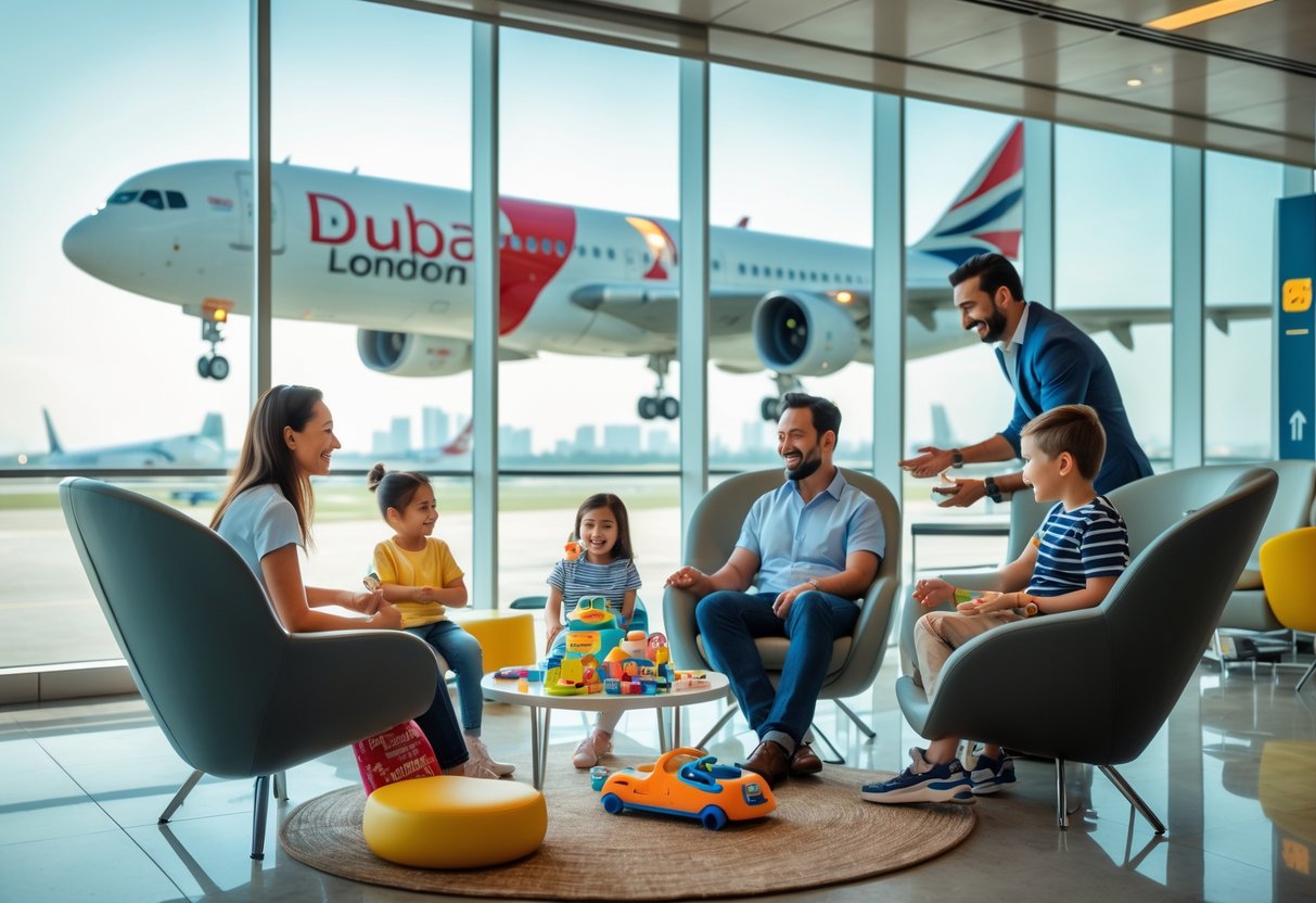 A family with two children sitting comfortably in an airport lounge near a window showing a plane preparing for departure.