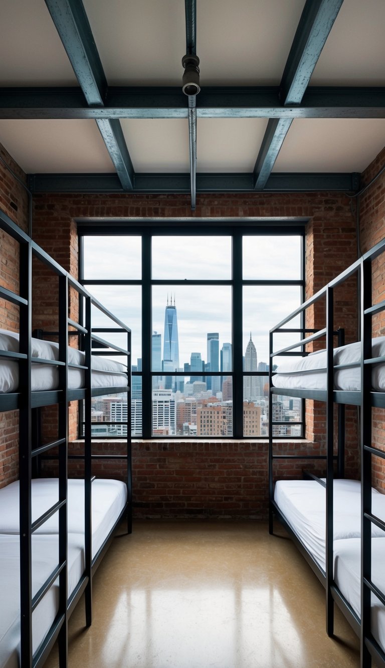 A spacious industrial loft bunk room with 31 beds, exposed brick walls, metal beams, and large windows overlooking a city skyline