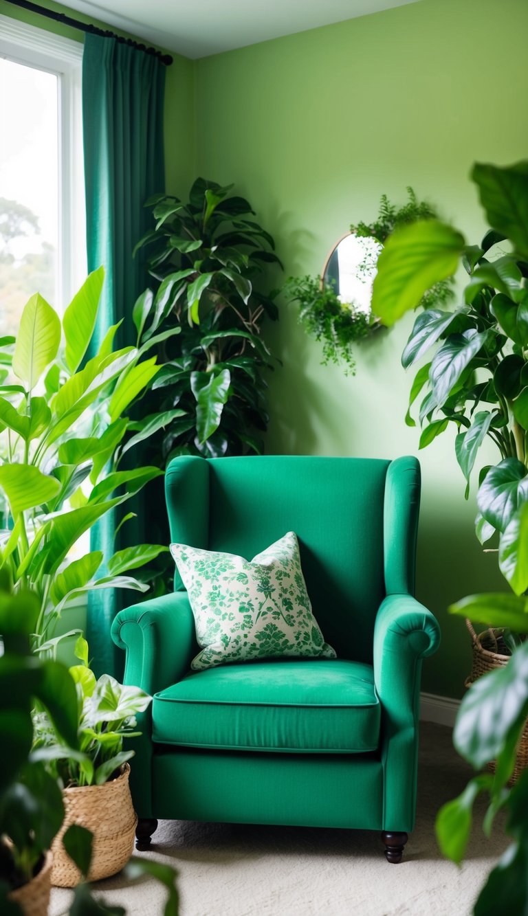 A verdant green armchair sits in a lush green bedroom, surrounded by plants and natural light