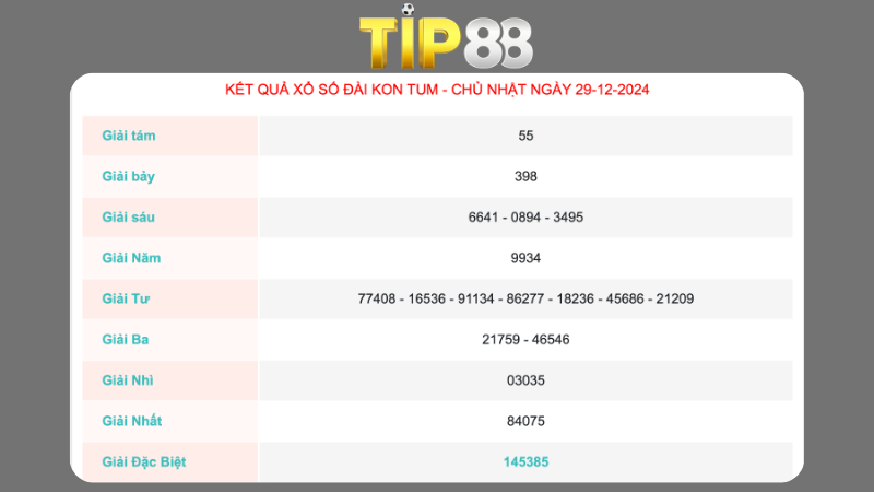 Kết quả xổ số Kon Tum ngày 29/12/2024
