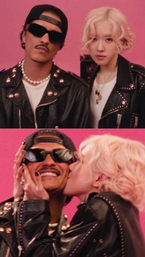 This contains an image of Rosé APT and bruno mars wearing sunglasses and one is kissing the other