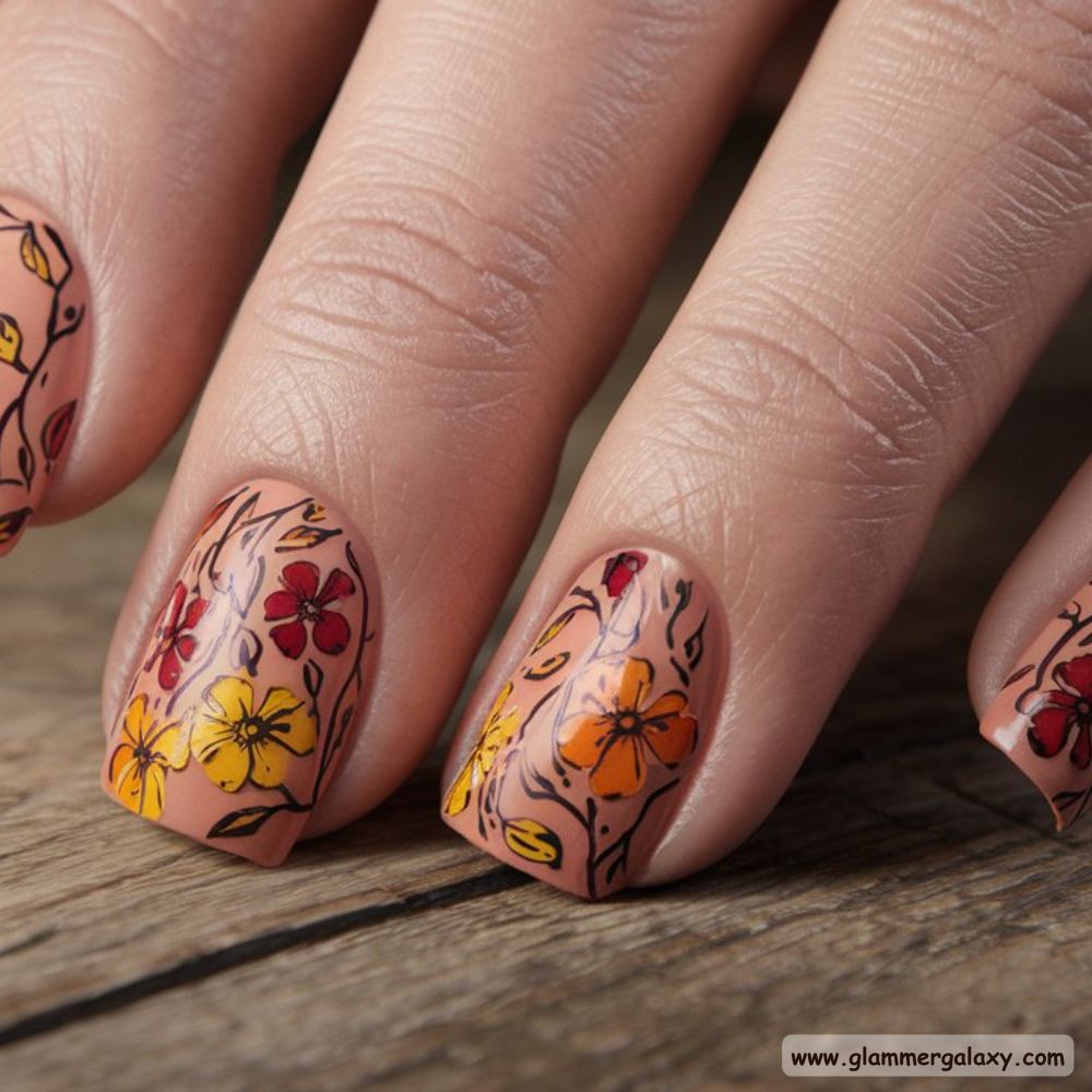 Korean fall nails having Autumn Floral Designs
