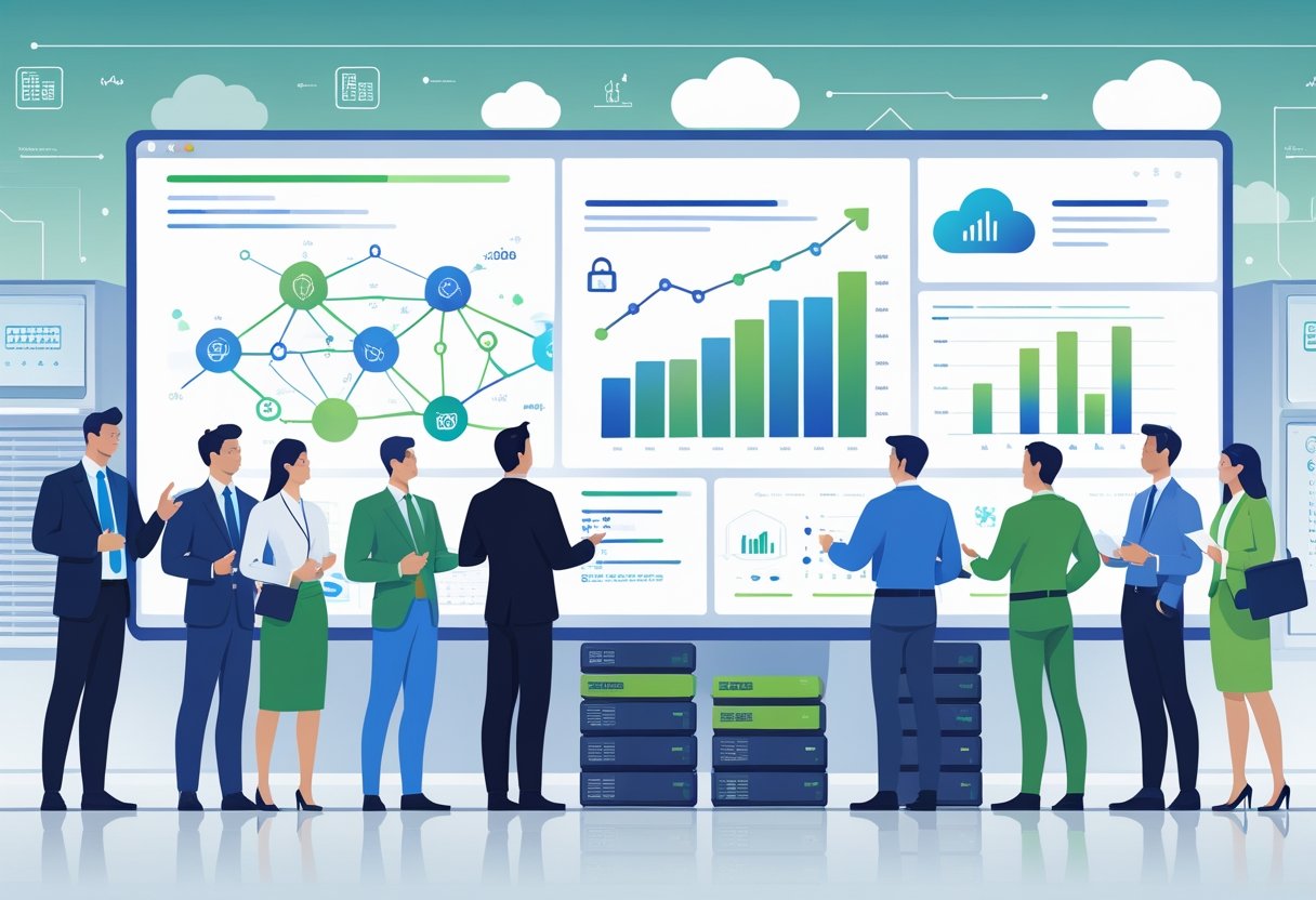 A group of business professionals collaborating around a digital screen showing network connections and growth charts, with a consultant explaining strategies in a modern office.