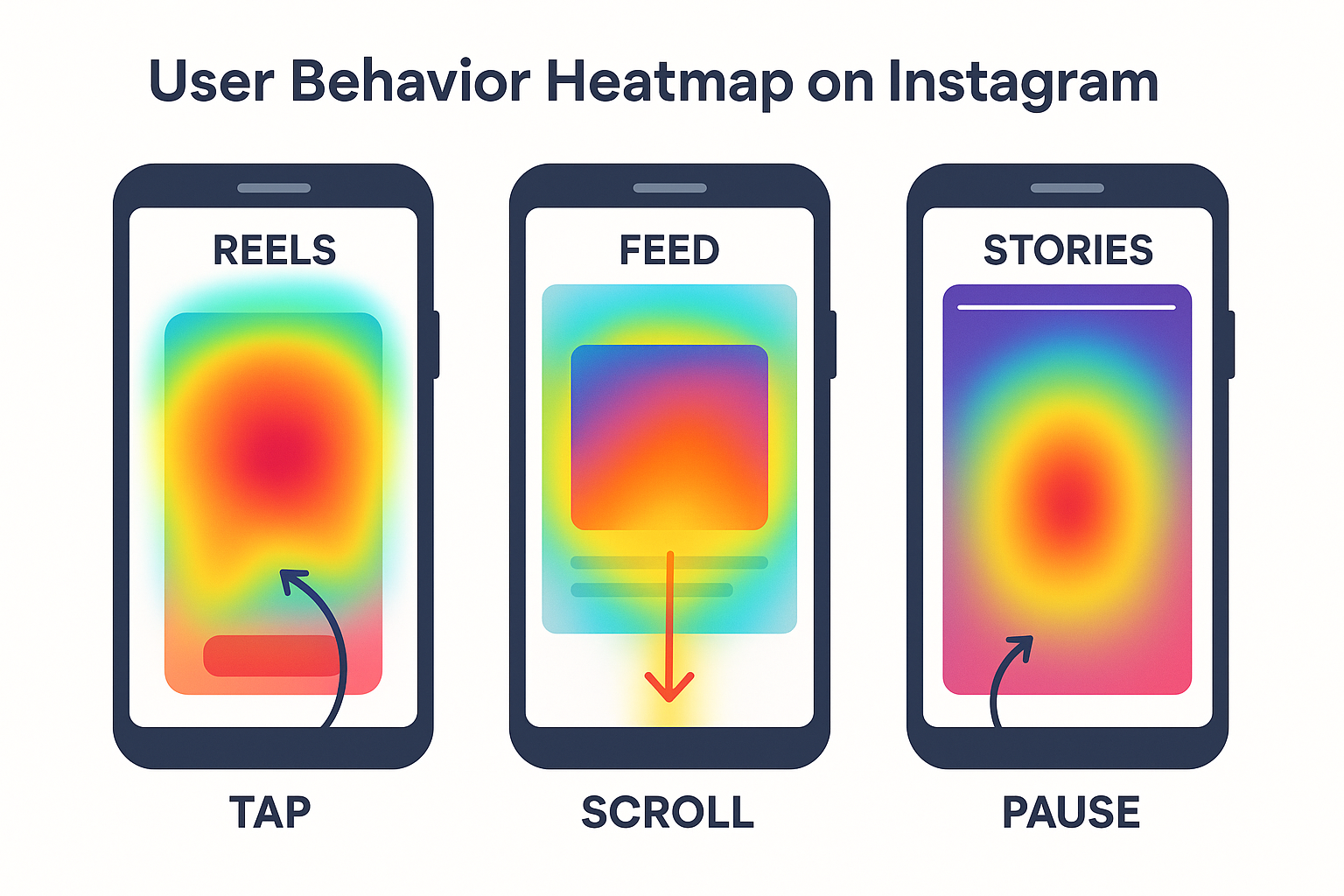Heatmap of Instagram user behavior showing where people most frequently tap, scroll, and pause across Reels, Feed, and Stories