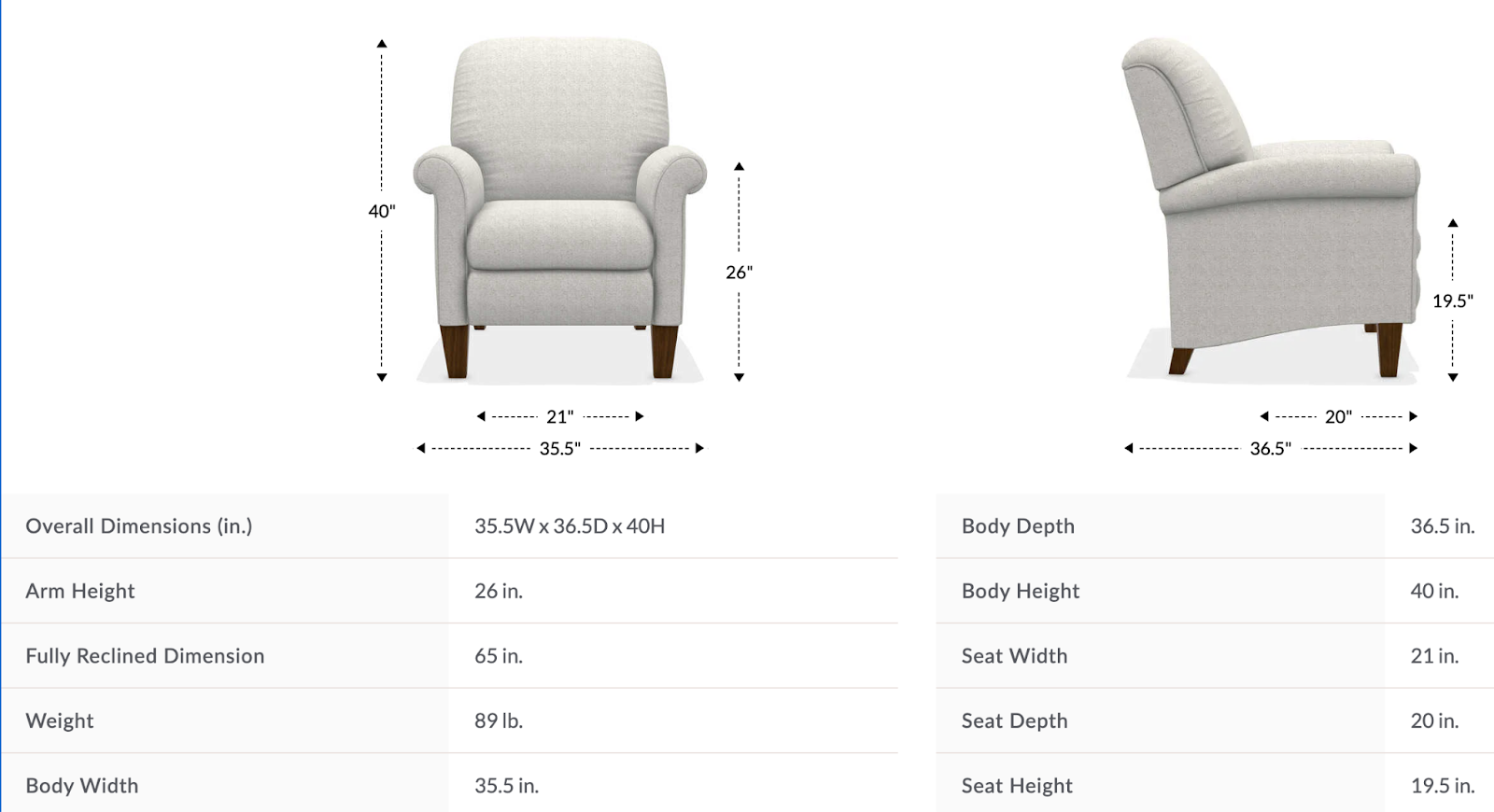 fletcher high leg reclining chair size and dimensions