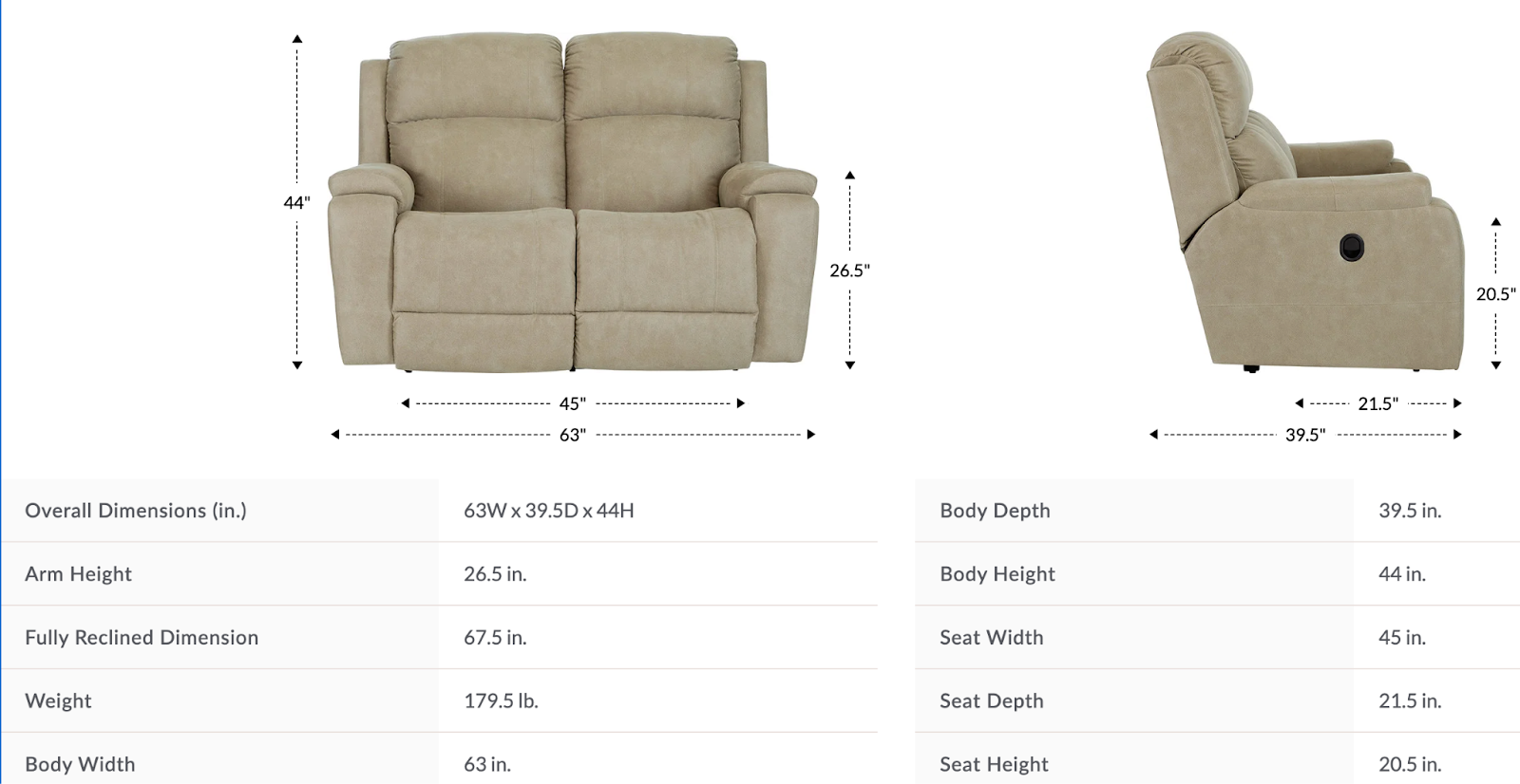 dorian reclining loveseat size and dimensions