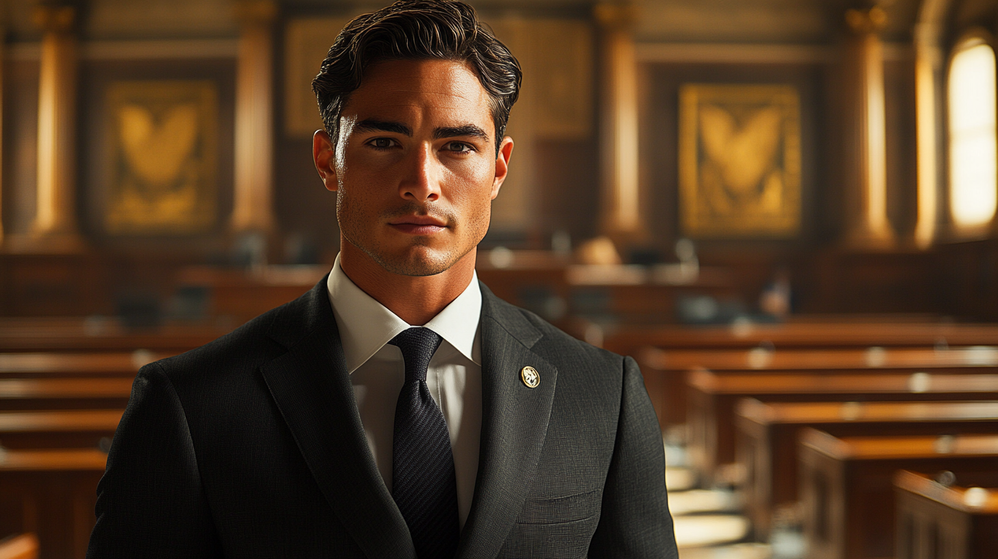 
A man in a perfectly tailored black suit, standing confidently in a grand courtroom. He wears a crisp white dress shirt and a dark, solid tie. His expression is calm and serious, exuding authority and professionalism. The courtroom features polished wooden benches, a judge’s podium, and soft, natural lighting. His posture is upright and composed, ensuring a strong yet neutral presence. Ultra-realistic, cinematic lighting, 4K resolution.