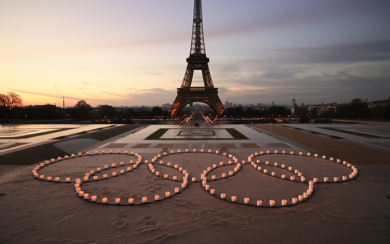 Eiffel Tower Lit Candles Pray Olympic Paris 2024