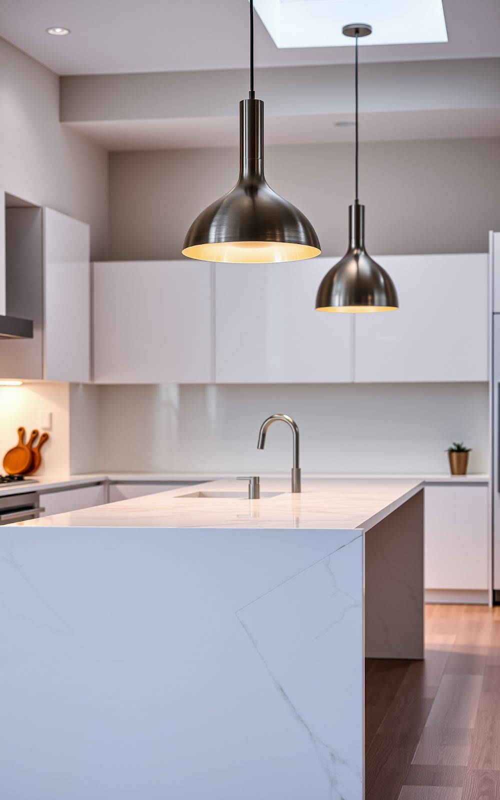 Modern pendant lights over marble kitchen island