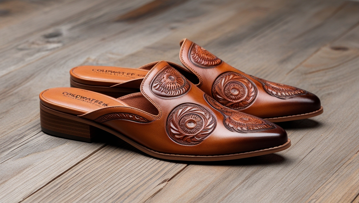 Coldwater Creek Brown Tooled Leather Mules