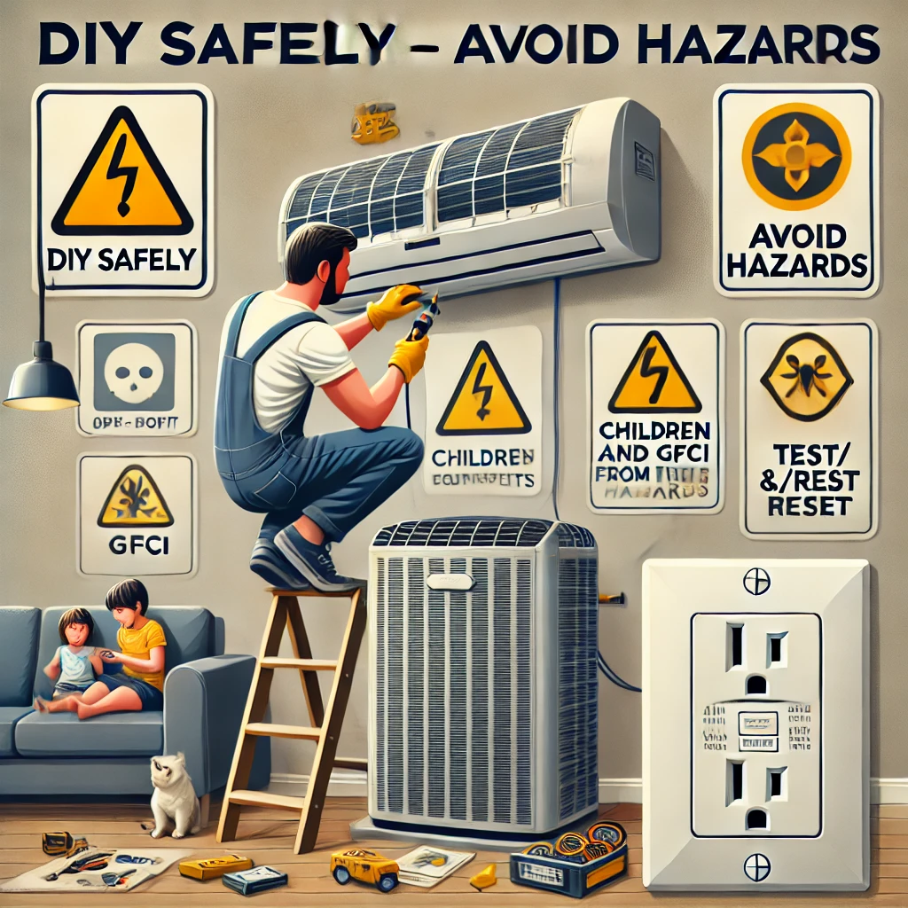 Homeowner performing safe DIY AC maintenance, unplugging the unit, wearing gloves, with kids and pets kept away from the workspace.