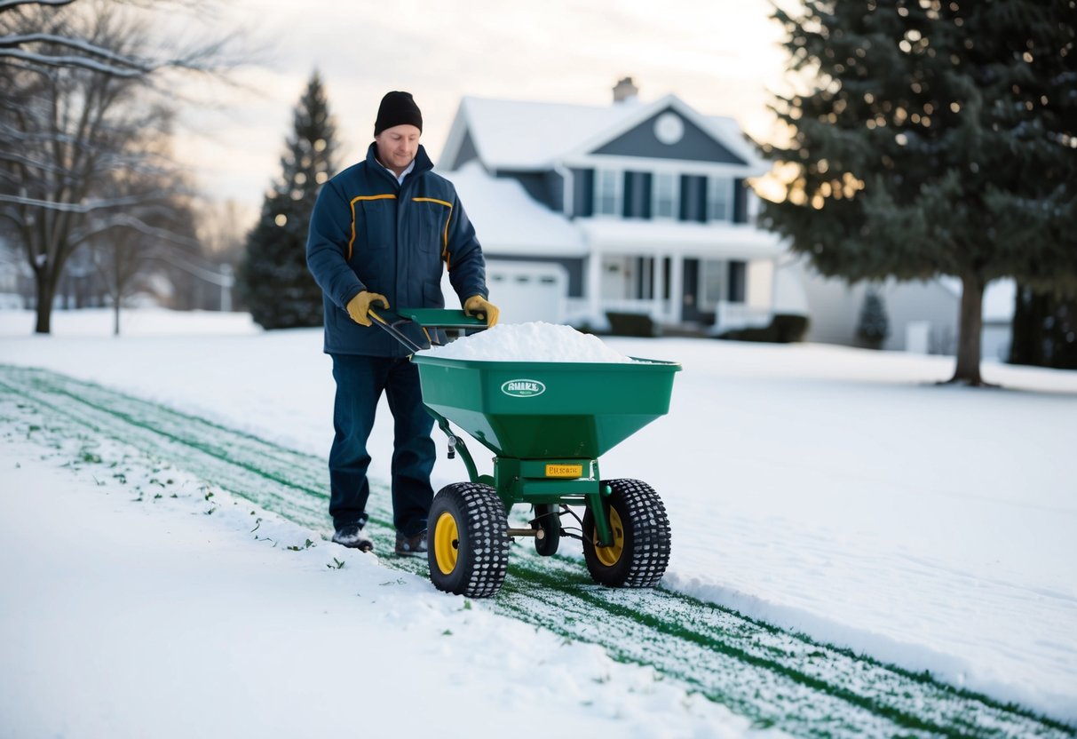 A snow-covered lawn with a spreader applying fertilizer in winter. Trees and a house in the background