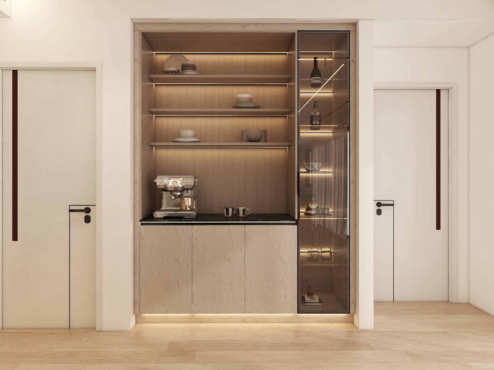 Built-in cabinet with open shelves and integrated coffee station, featuring glass door display and ambient lighting.