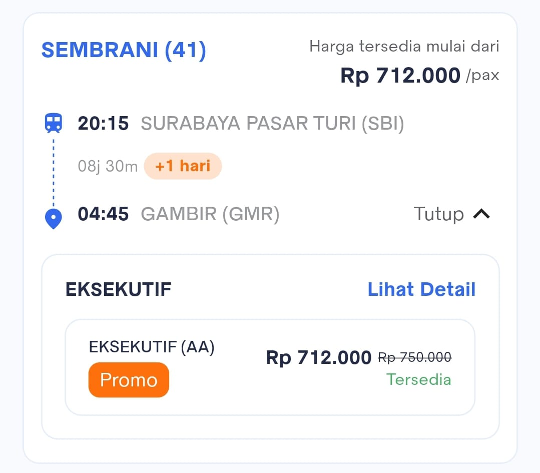 Harga Tiket KA Sembrani (41) Surabaya Pasar Turi (SBI) — Gambir (GMR)