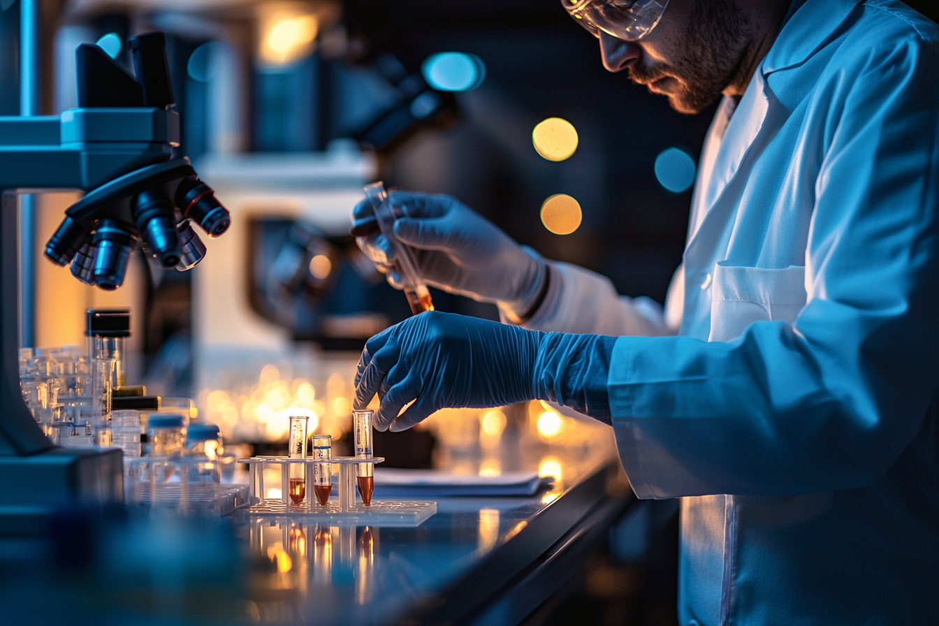 Medical professional analyzing a genetic test result in a clinical lab setting  