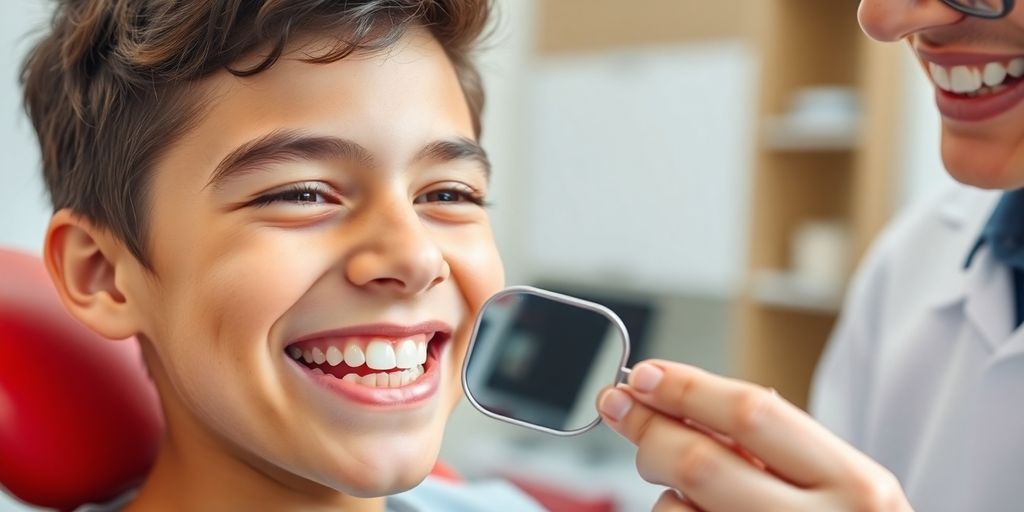 Orthodontist examining patient's teeth, smiling.
