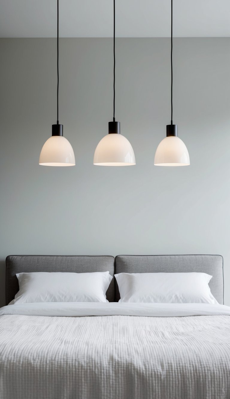 Three pendant lights hang above a simple, uncluttered bedroom. Clean lines and neutral colors create a minimalist ambiance