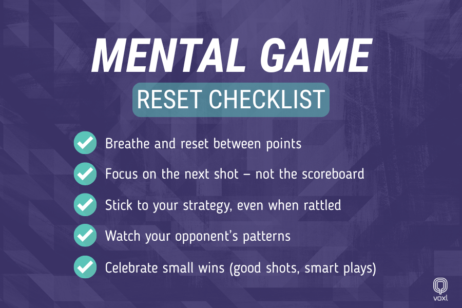 Mental game reset checklist for pickleball players featuring five tips to stay focused and confident between points, including breathing, focusing on the next shot, sticking to your strategy, watching opponent patterns, and celebrating small wins.