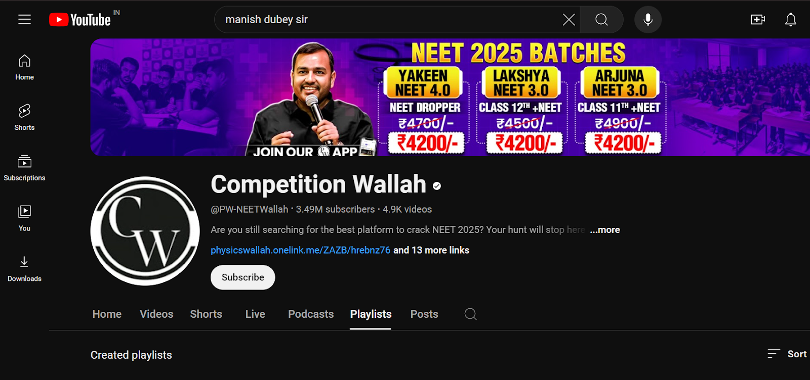 image of youtube channel of competition wallah