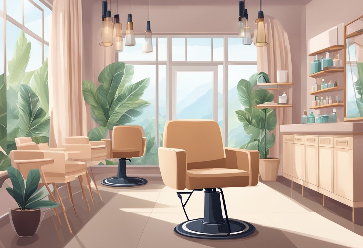 A serene beauty salon with a cozy atmosphere, featuring a comfortable chair for lash extensions and a well-equipped station for eyebrow services