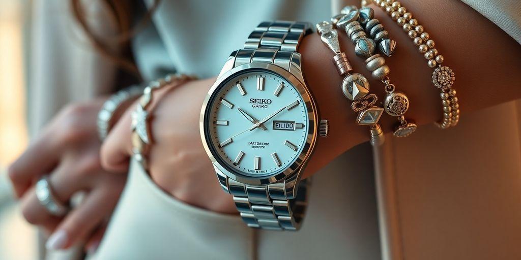 Stylish Seiko watch on a fashionable wrist with accessories.