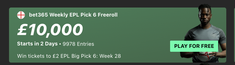 bet365 Free Games Fantasy EPL Pick 6 Freeroll