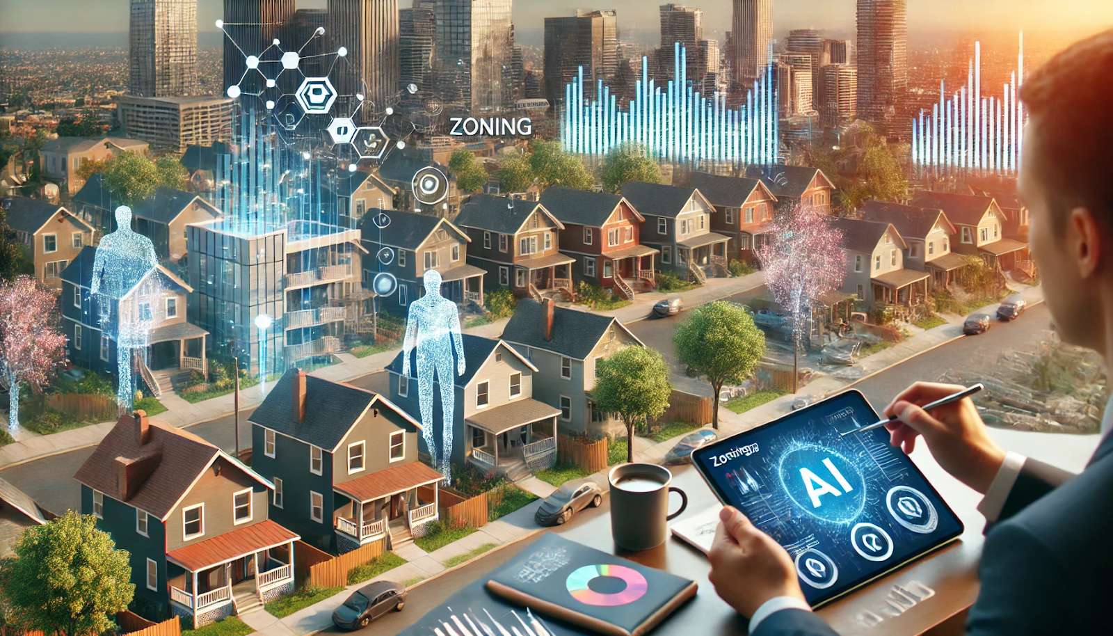 A diverse urban neighborhood, showcasing AI's impact on housing and zoning. The scene includes different types of housing units, from high-rise apartments to suburban houses, with digital data visualizations indicating market trends, social dynamics, and zoning regulations. The image also shows urban planners using AI tools on digital devices to predict development trends and address gentrification.