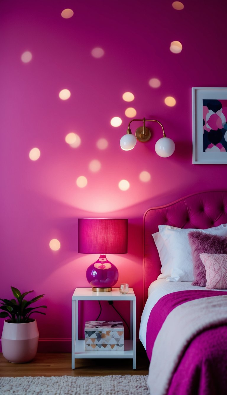 A magenta bedside table lamp illuminates a cozy pink bedroom with 22 design ideas