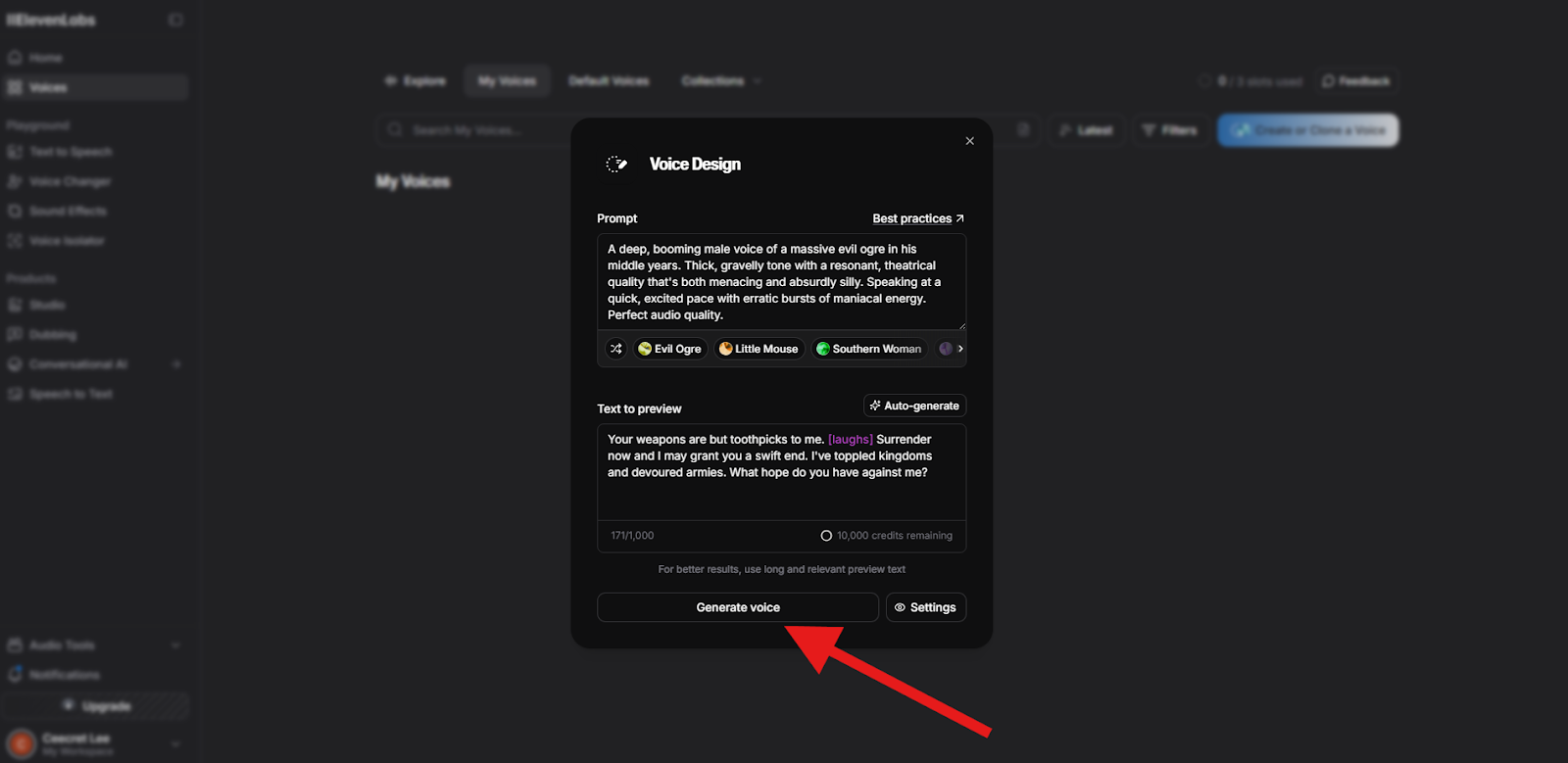 Screenshot of the ElevenLabs Voice Design interface with the “Generate voice” button highlighted, ready to produce AI-generated voice samples.