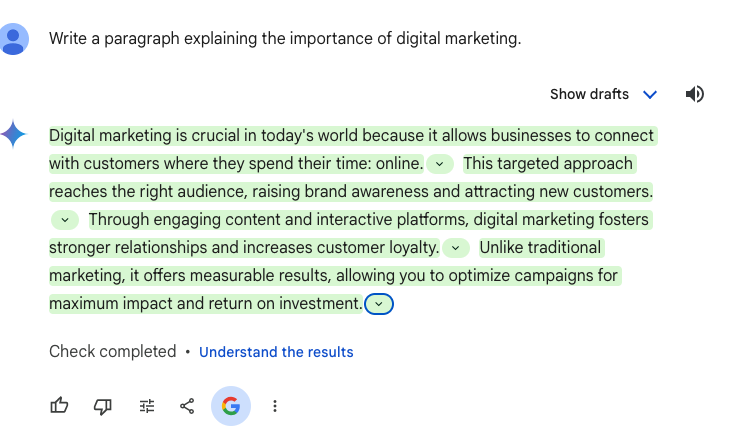 Alt: Gemini answering Write a paragraph explaining the importance of digital marketing.