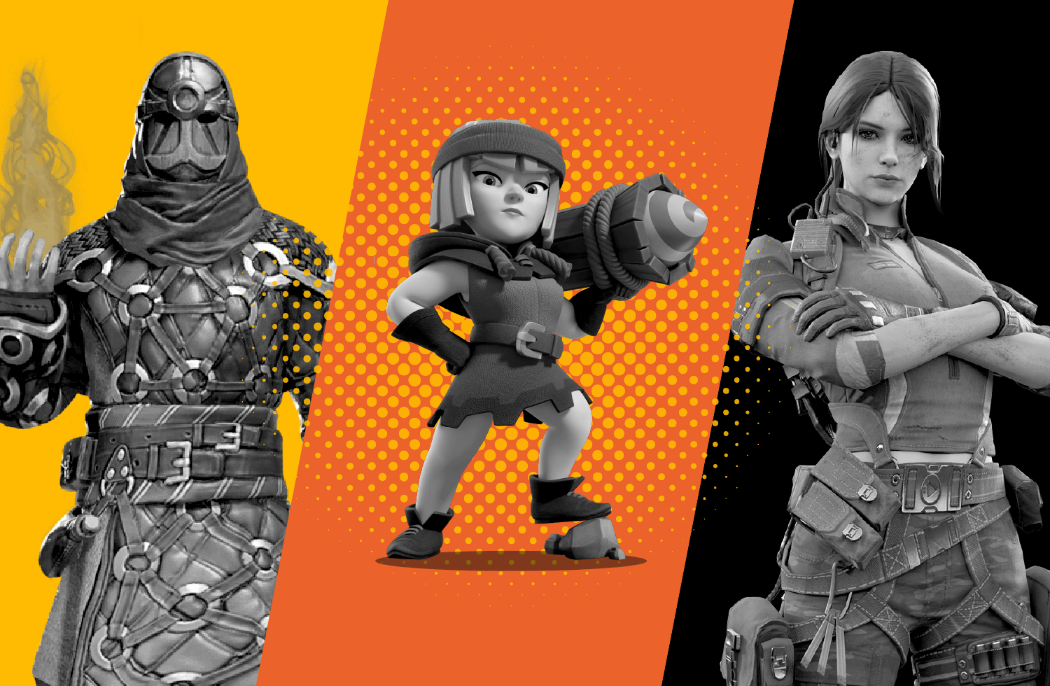 Grayscale characters from the best mobile games over a stylized yellow and orange background