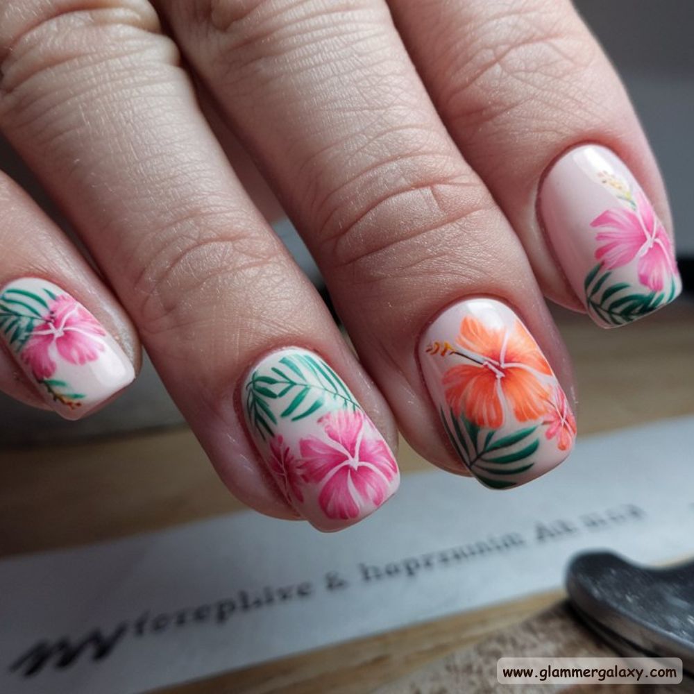 Orange and Pink Summer Nails with Tropical Hibiscus Tips