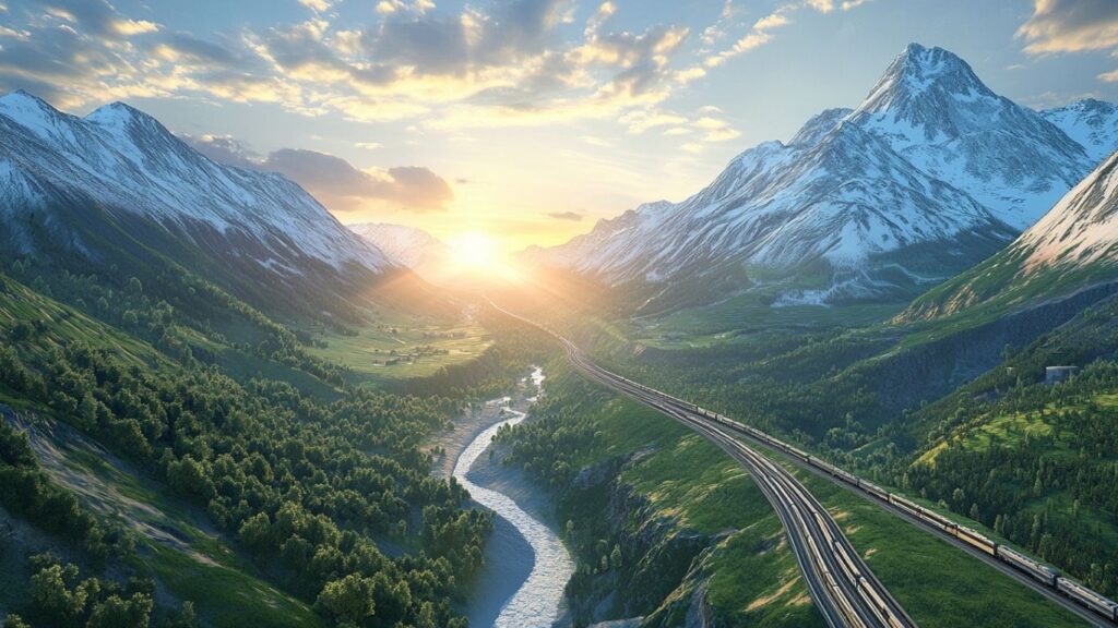 swiss rail tours passing through the Swiss Alps with snowy peaks and valley