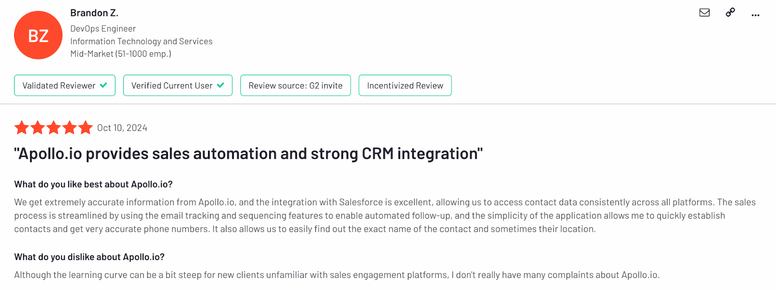 User review on G2 about Apollo.io's learning curve