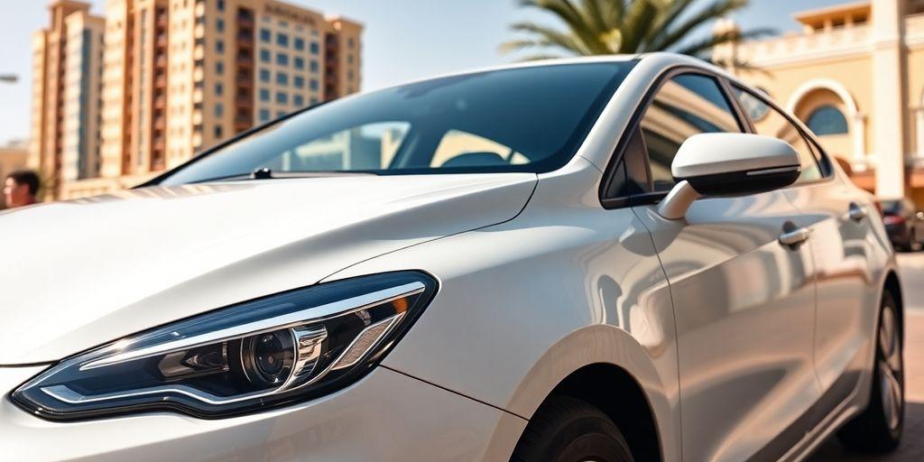 Pristine rental car in sunny Dubai with iconic architecture.