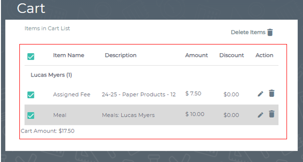 screen shot of cart with meal section highlighted
