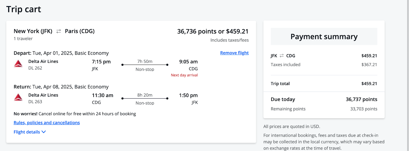 flight search results on Chase travel portal