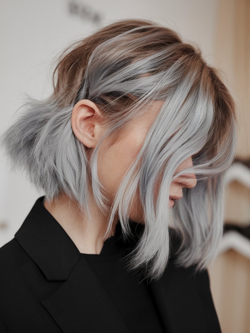 20. Rounded Layered Bob with Silver Balayage