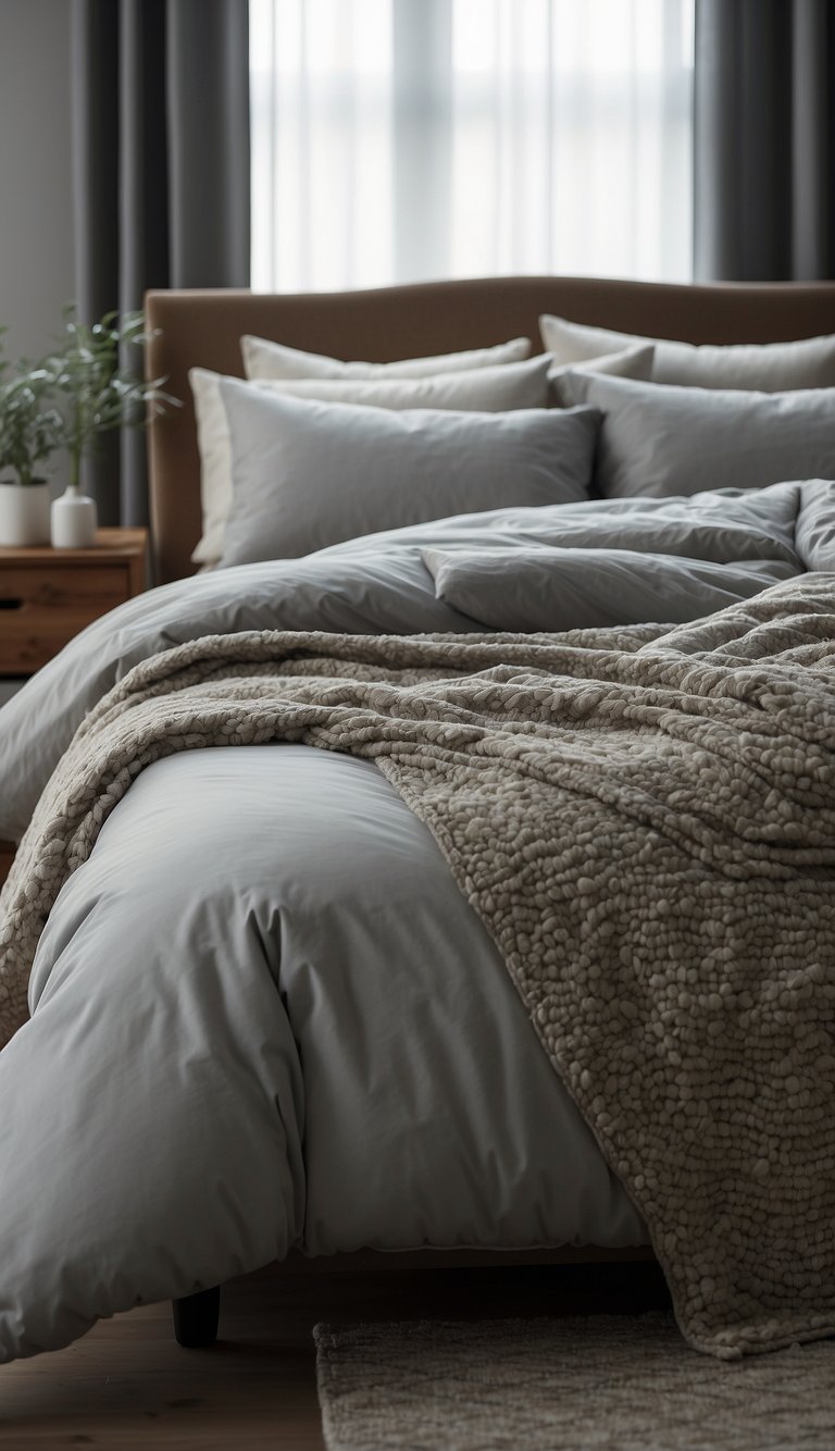 A cozy bedroom with a pebble grey quilt draped over a bed, surrounded by neutral decor and soft lighting