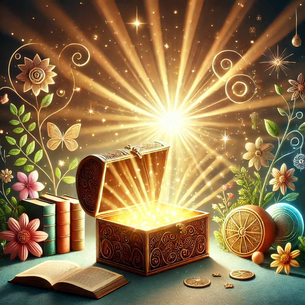 A glowing treasure chest with radiant light spilling out, surrounded by symbols of joy, peace, and growth such as blooming flowers, books, and a shining sun. The scene conveys a sense of abundance, fulfillment, and personal development, representing the rewards of practicing gratitude.