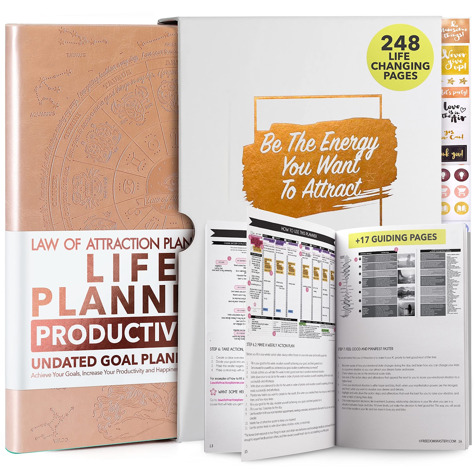 Law of Attraction Planner - Deluxe Weekly, Monthly Planner, Journey to Increase Productivity & Happiness - Life Organizer, Gratitude Journal, Agenda, To Do List, Business Planner, Notes, Appointment Book, Undated Planner Start Anytime Rose Gold Astro