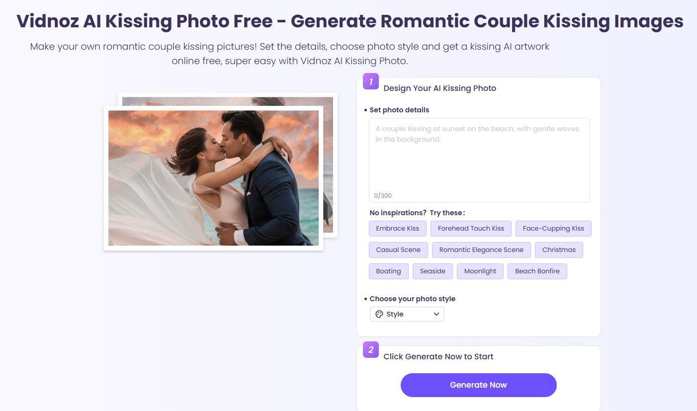 Vidnoz AI Kissing Photo Free - Generate Romantic Couple Kissing Images