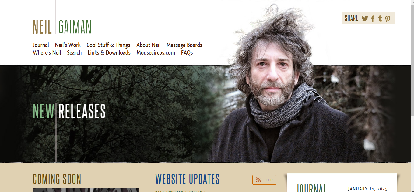 a screenshot of neil gaiman a WordPress Author Website Examples