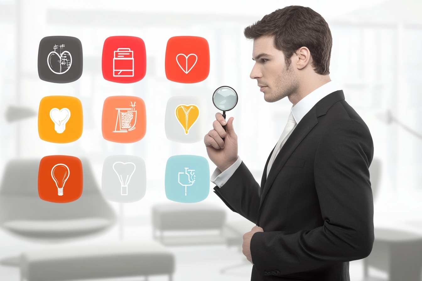 Executive holding a magnifying glass over icons representing key sales traits like assertiveness and empathy, symbolizing the evaluation process of a sales personality assessment.