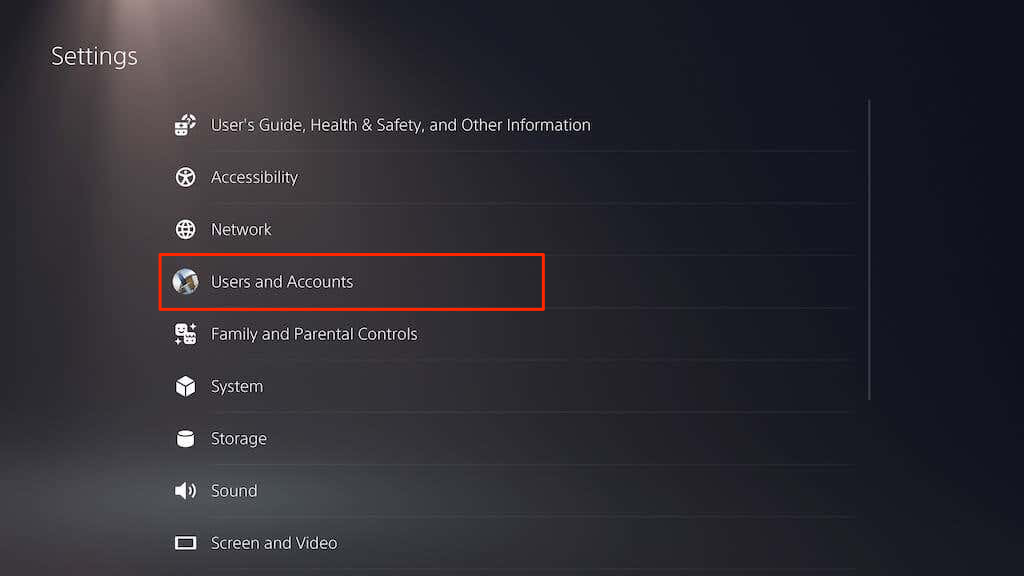 "Users and Accounts" option on the PS5 Settings menu