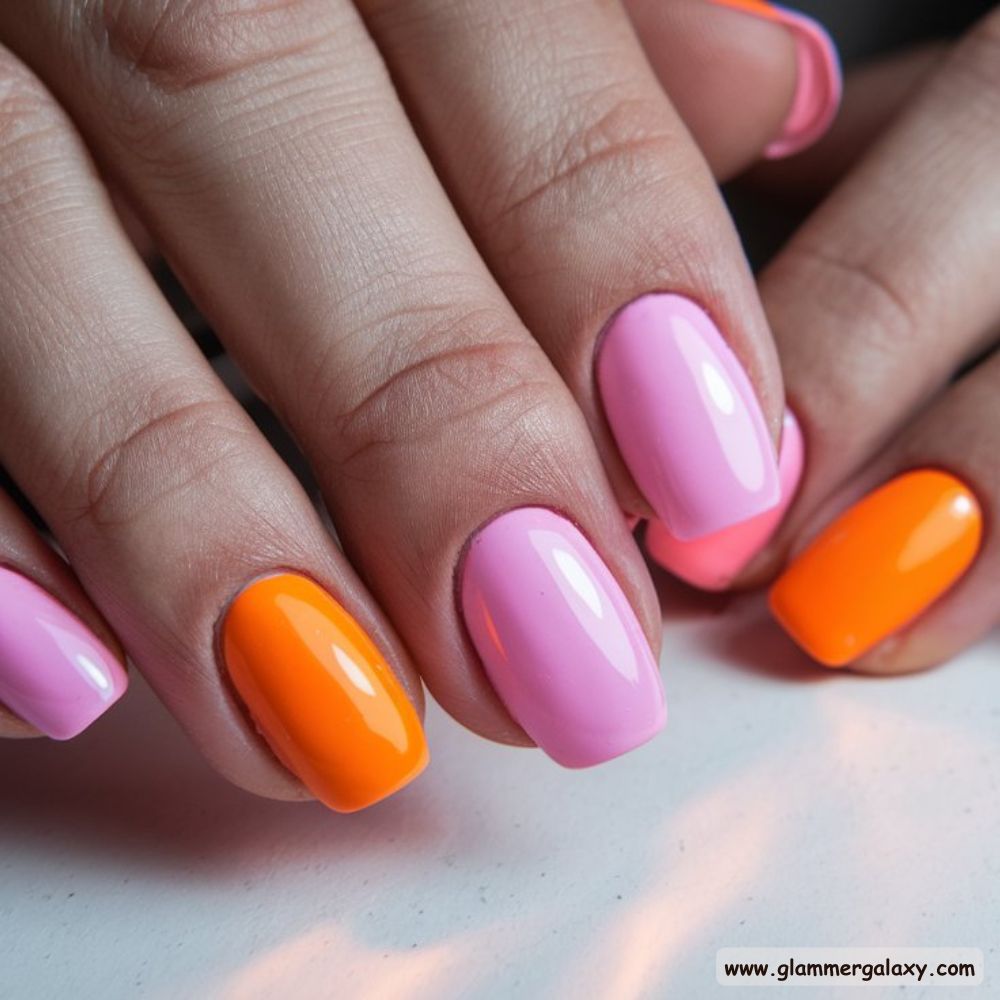 Orange and Pink Summer Nails with Elegant Pink & Orange Glaze